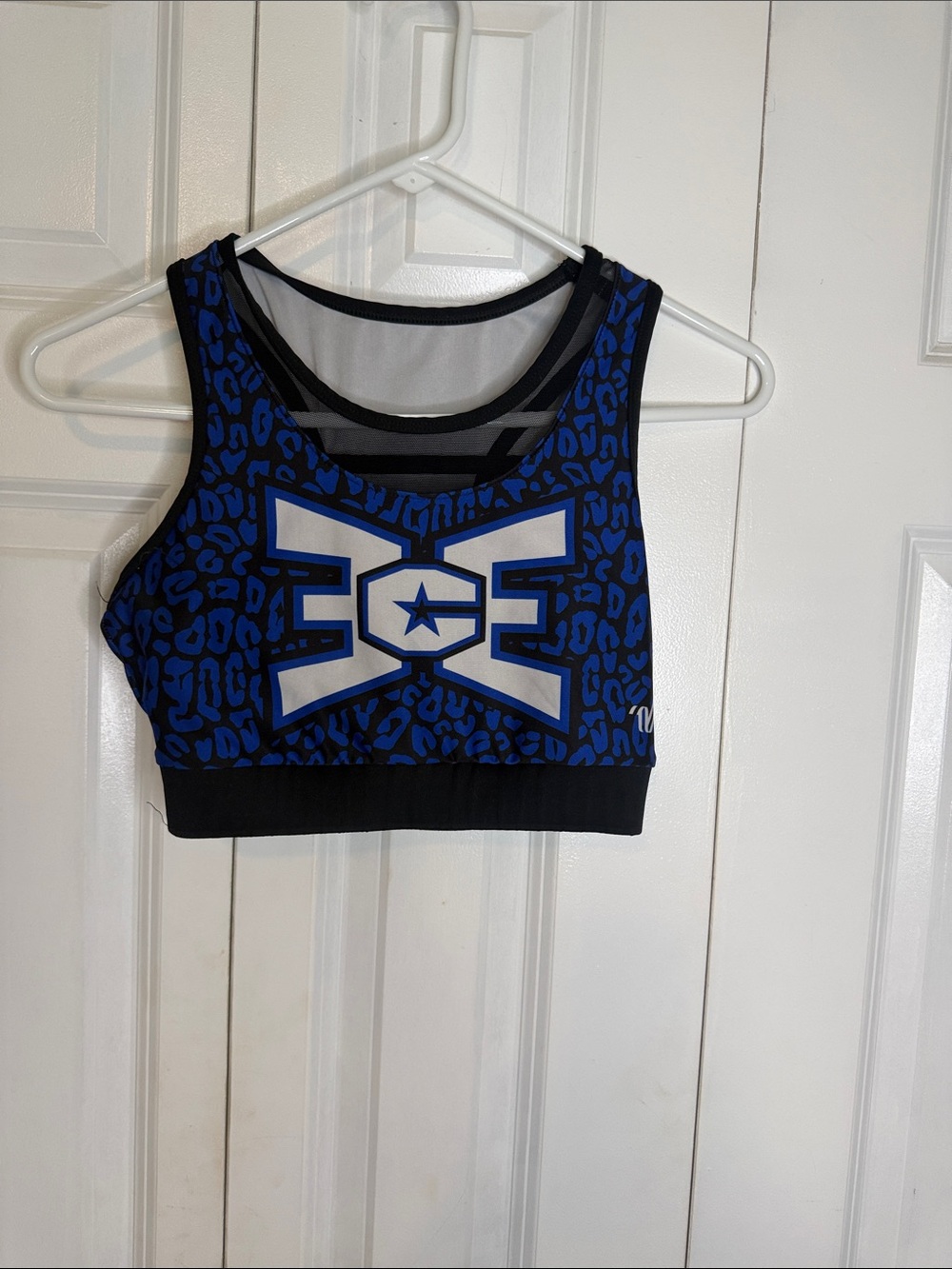 ECE Varsity Blue Leopard Print Performance Crop Sports Bra